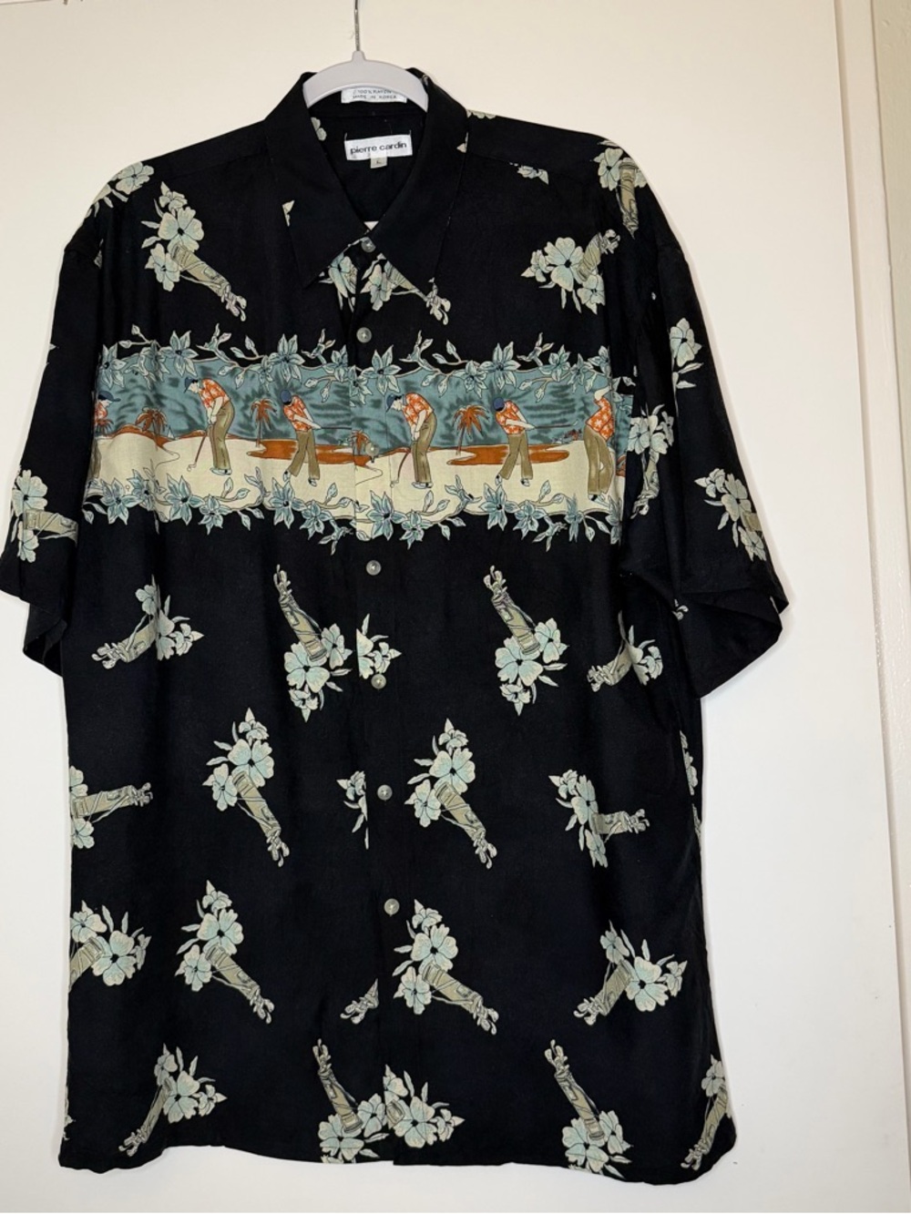 Pierre Cardin Black Floral Hawaiian Short Sleeve Shirt size L